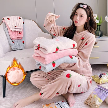 Women's Cozy Fleece Pajama Set with Strawberry Print-Soft,Thickened Warm Sleepwear,Perfect for Fall/Winter,Cute Pajamas Homewear