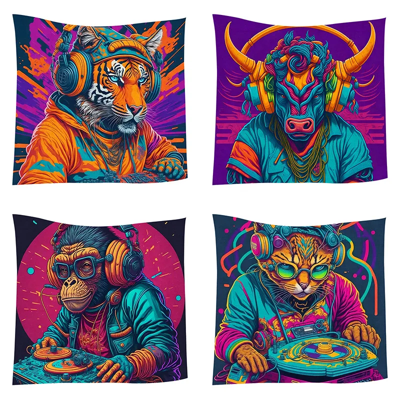 

Hippie Animal Wall Tapestry Musical Dog Cat Tapestry Aesthetic Decorations Living Room Sofa Bed Dorm Wall Hanging 150x200 Cm