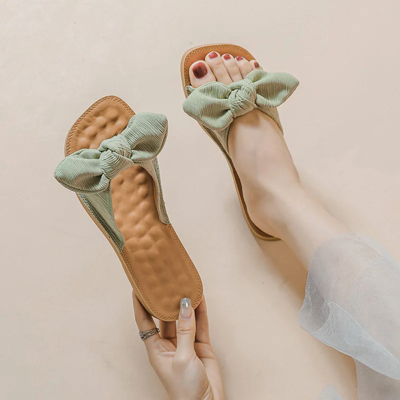 Women's Slippers For Summer Wear, 2023 New Soft Sole Bow Tie, One Line Flip Flop, Flat Sole Sandal, Large Size Shoes 35-43