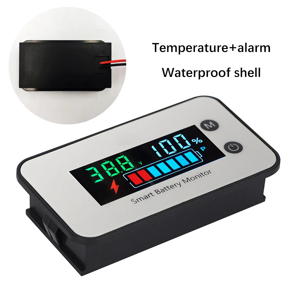 Universal Battery Capacity Monitor with Power Percentage & Temperature Indicator Gauge