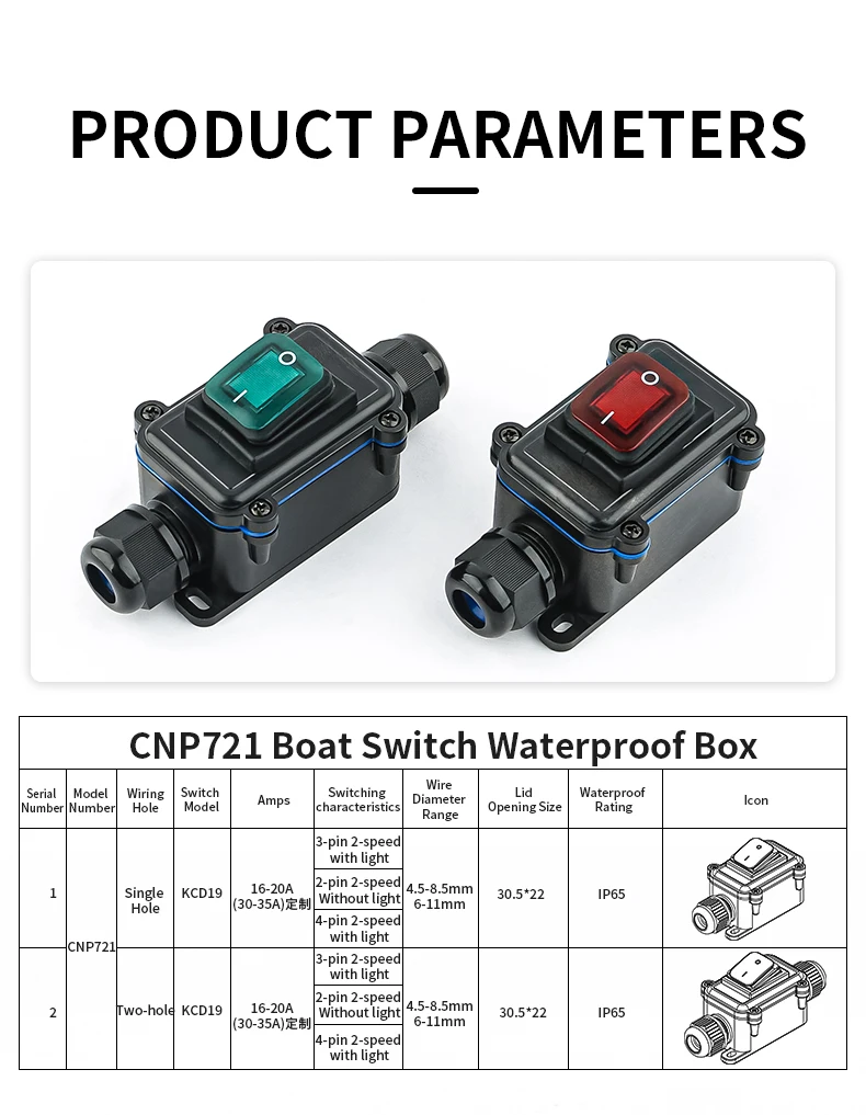 IP65 Inline-Kabelschalter für den Außenbereich, wasserdicht, Schiffstyp, Hochstrom-Marine-Wippschalter, Ein/Aus-Schalter, Druckschalter – Detail 3
