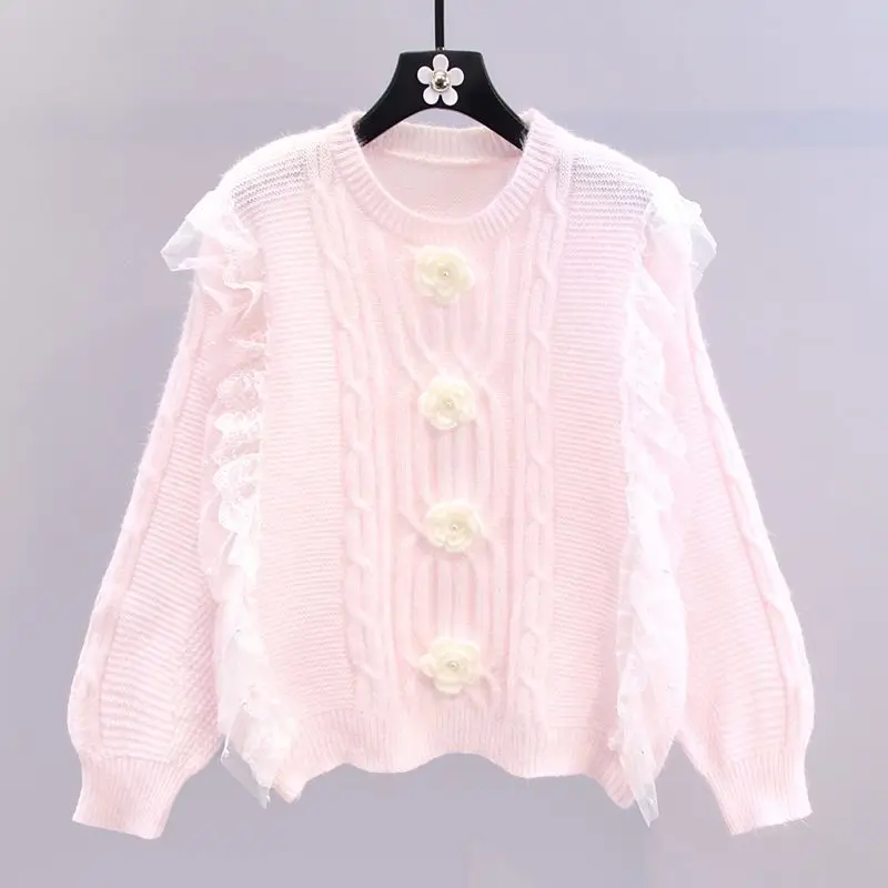

Sweater Women Autumn Winter New Lace Design Sense Flower Knitted Sweet Cute Korean Pullovers