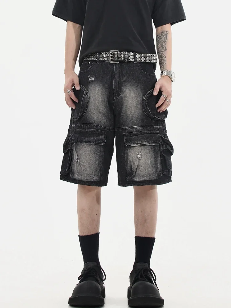 Denim Cargo Shorts Men Vintage Loose Baggy Multi-pockets Washed Streetwear Handsome Personality Summer American Fashion Hombre