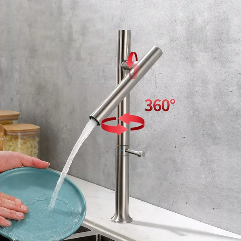 360 Rotation Kitchen Basin Faucet 304 Stainless Steel Mixer Water Cold &Hot Single Handle Ceramic Valve Core