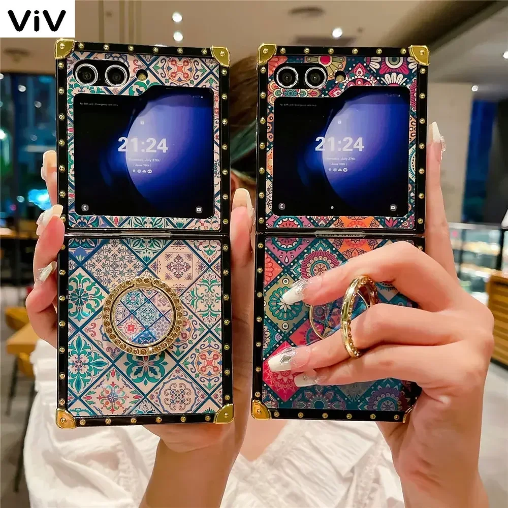 Blue-Ray Geometric Palace Flower Plating Ring Holder Custodia Quadrata Per Samsung Galaxy Z Flip 5 Flip 4 Flip 3 Cover Antiurto