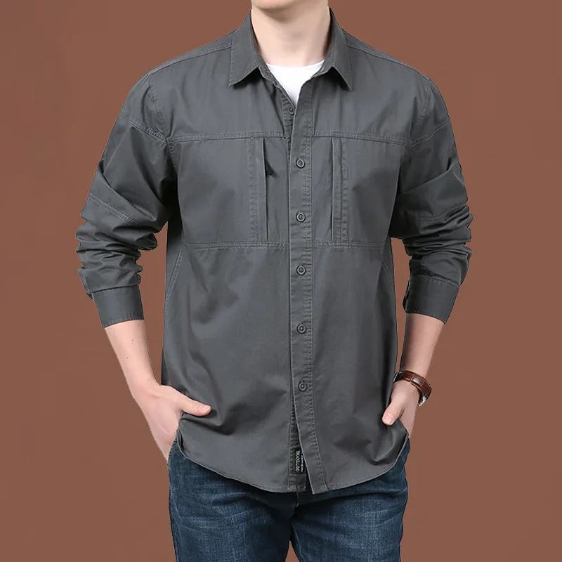 

2023 New Spring Autumn Men's Loose Cargo Shirt Outdoor Leisure Cotton Young and Middle-Aged Shirt Men's Shirt