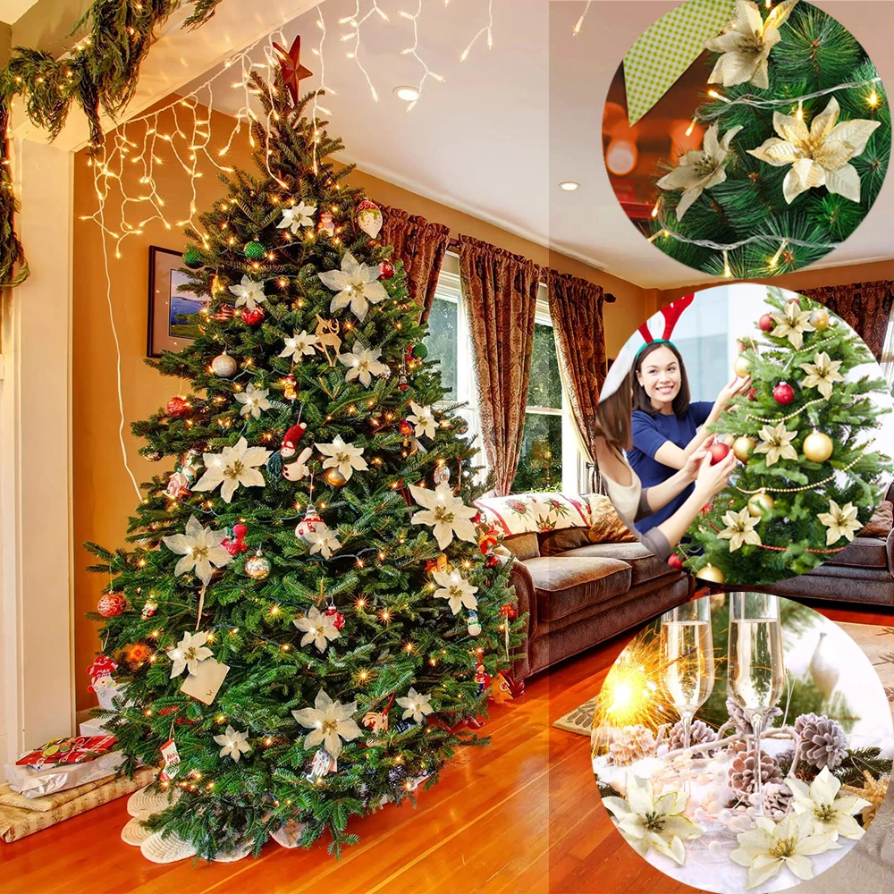 5/10 Stück Weihnachtsdekorationen Glitzer Künstliche Blumen für Heimdekoration Weihnachtsbaum Anhänger Navidad Neujahr 2026 Ornamente – Detail 3