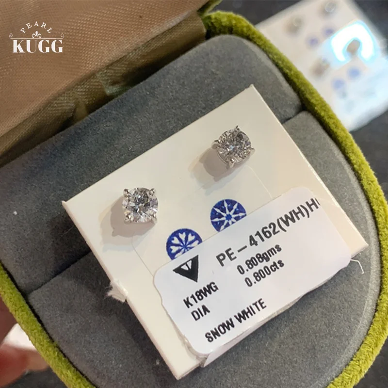 KUGG 18K White Gold Earrings Real Natural Diamond Stud Earrings Classic Solitaire Design Style Design Fine for Women