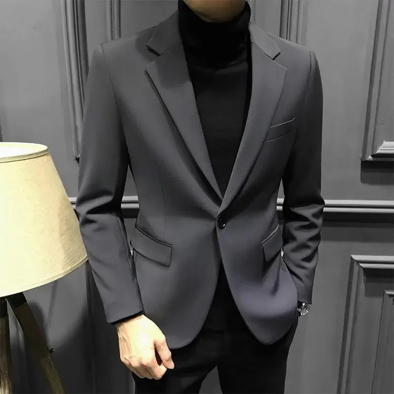thumbnail image 1 of Chaqueta de un solo pecho para hombre, trajes y blazers finos de color gris para hombre, abrigos ajustados de lino, ropa clásica, ropa de estilo coreano, novedad, 1 of 4