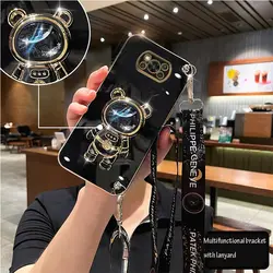 Crossbody Lanyard Quicksand Space Bear Plating Phone Case Cover for Poco F3 Gt (Black)