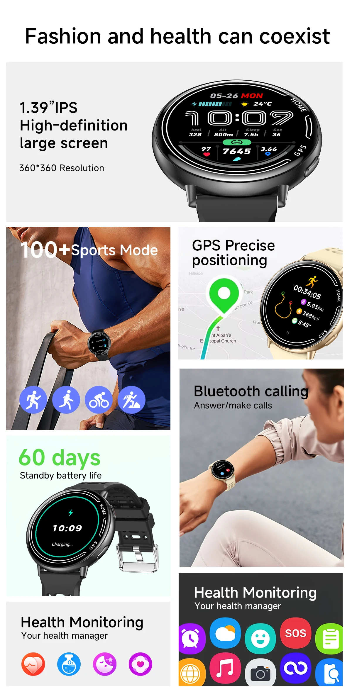 2026년형 남녀공용 GPS 스마트워치, 내장 GPS, 1.39인치 HD 디스플레이, 심박수 및 혈중 산소 모니터링, IP68 방수 기능 탑재