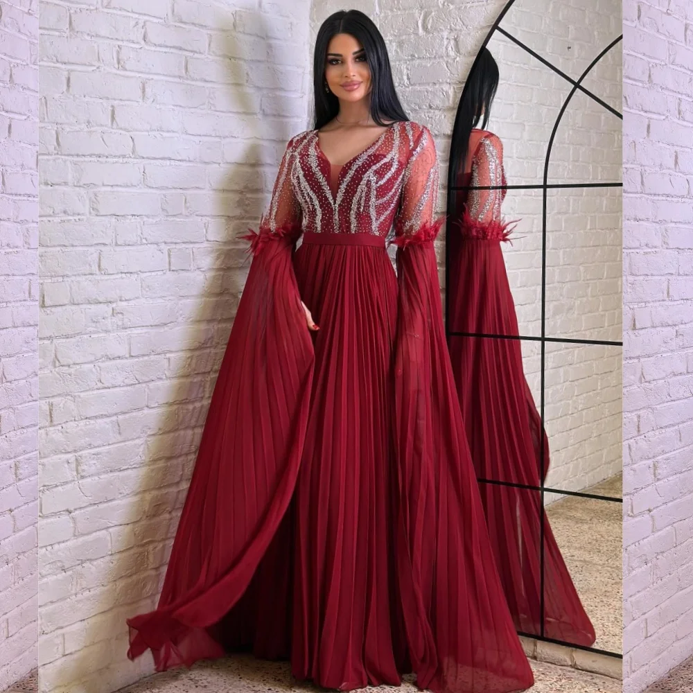 

Chiffon Sequined Beading Feather Ruched Clubbing A-line V-neck Bespoke Occasion Gown Long Dresses