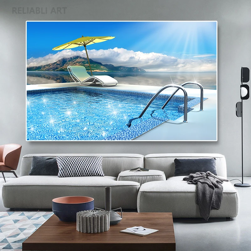 Modern Swimming Pool Sunshine Canvas Painting Wall Art Summer Sea Pool Seascape Landscape Posters for Living Room Home Decor