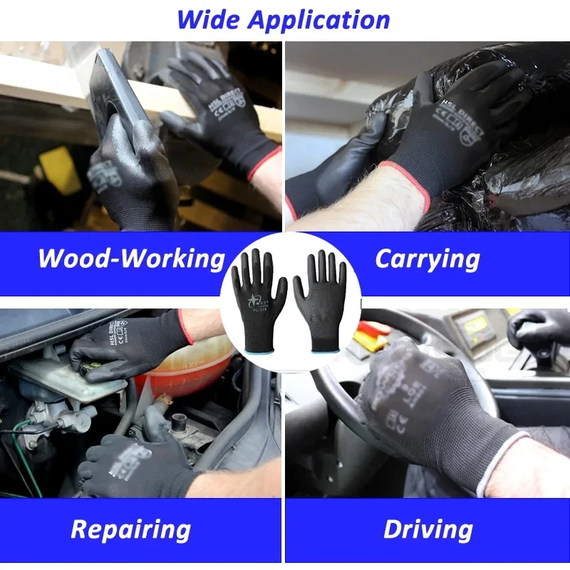 2/6/12 Pairs Nylon Knitted work gloves With PU Coated Work Safety Gloves Gardener Builder Driver Mechanic Protective Supplies