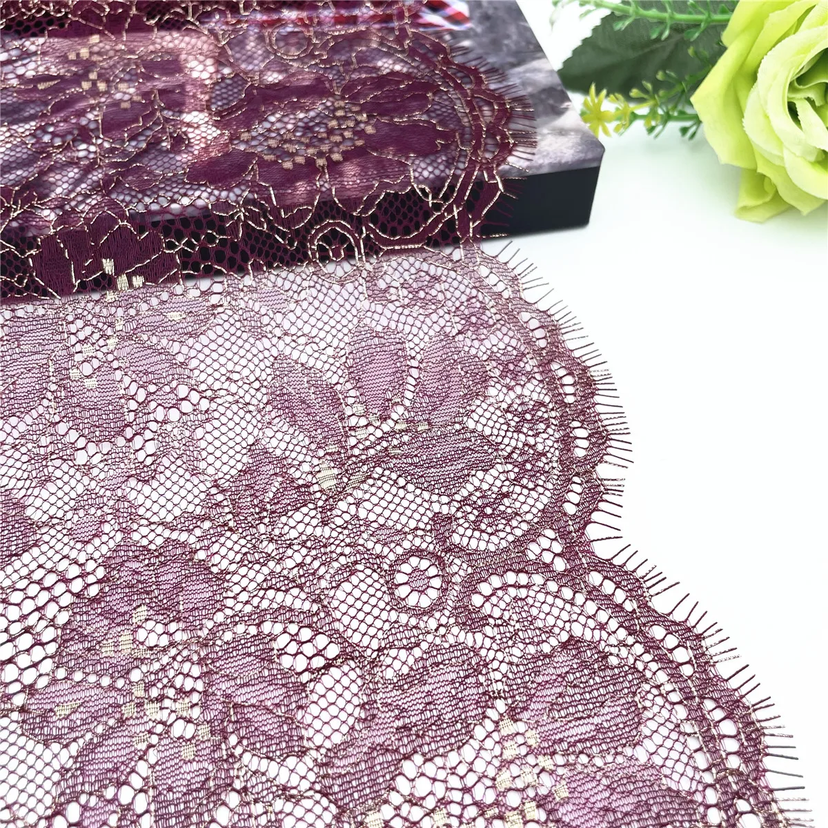 3y/lot Width 9 inch 23cm Burgundy Gold Non-Elastic Eyelash Lace Trim Lingerie Sewing Craft DIY Apparel Fabric Lace Garment Acce 2