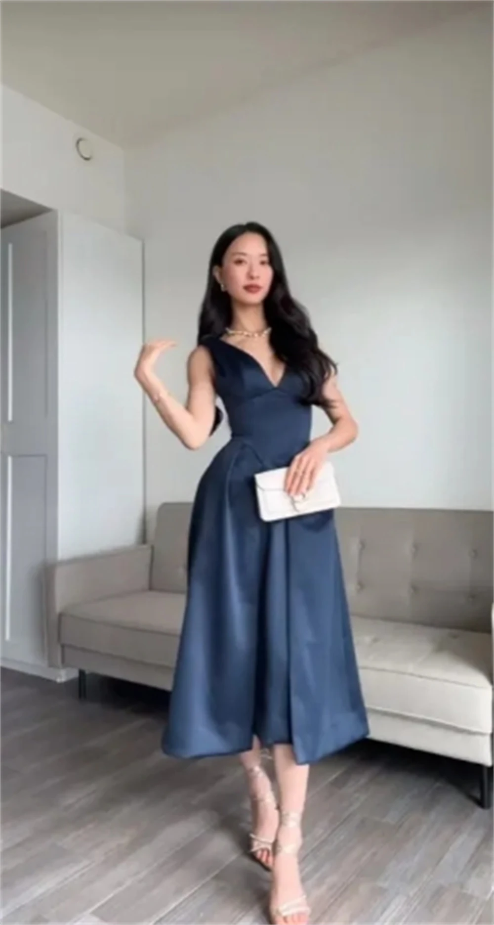 sachin and babi light blue dress Customized Blue Satin Evening Dress Modern A-Line V-Neck Cap Sleeve Saudi  Arabia Party Dresses Tea Length Special Occasion Gowns
