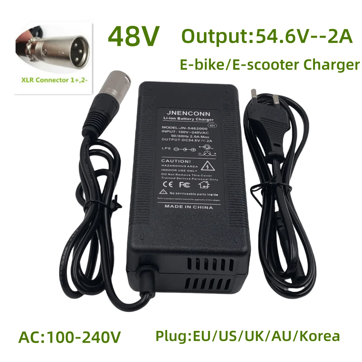 MYDA 54.6V 2A lithium battery charger showing the XLRM 3 pin male connector head configuration