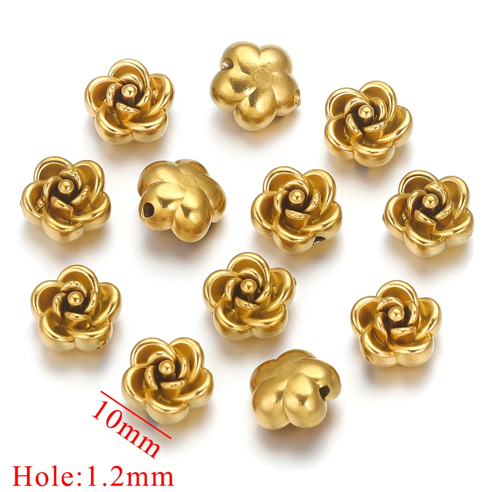 Set of 10 Gold-Plated Stainless Steel Rose Beads