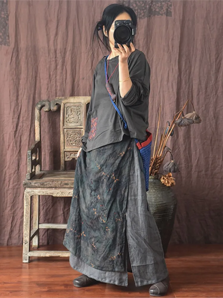 Women Linen Patchwork Skirts Ladies Loose Skirt Female 2025 Skirt Spring Autumn Summer Skirts 3