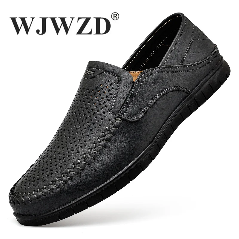 

Summer Leather Men's Shoes Casual Breathable Hollow Out Moccasins Men Loafers Slip on Formal Leisure Male Driving Shoes Black