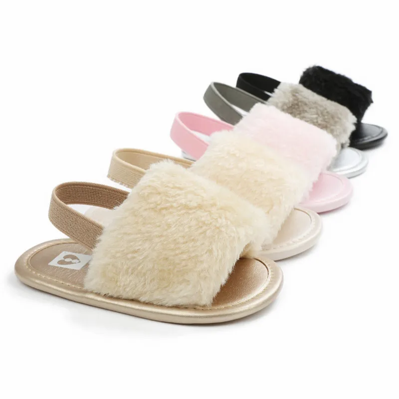 Newborn Baby Girl Slippers Plush Sandals Lightweight Casual Open Toe Fur Princess Flats Walking Shoes Baby Items Accessories