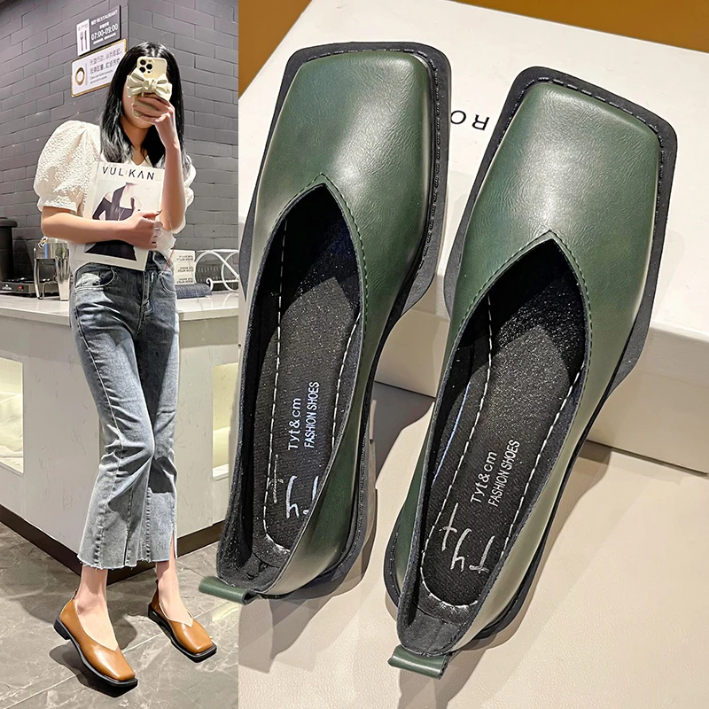 フラットシューズ ^custommade^ 1cm Basic Square Leather Flat Shoes Camilla CW0 XYD Women Comfy Square Toe Mary Jane Flats Single Strap