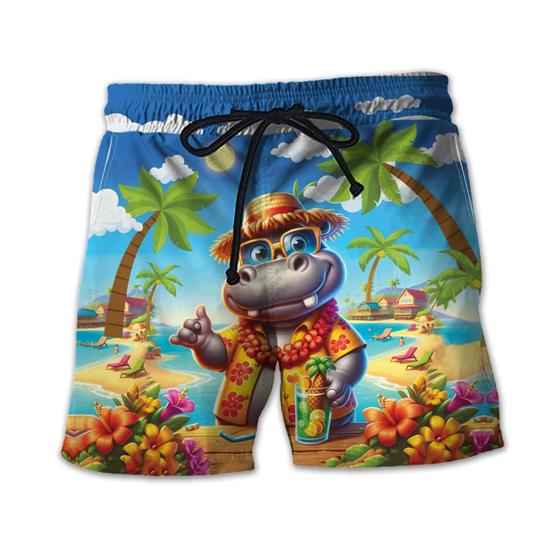 Funny Hippo Graphic Beach Shorts Fashion Summer Vacation 3D Animals Printed Hawaiian Short Pants Loose Holiday Mens Swim Trunks 5