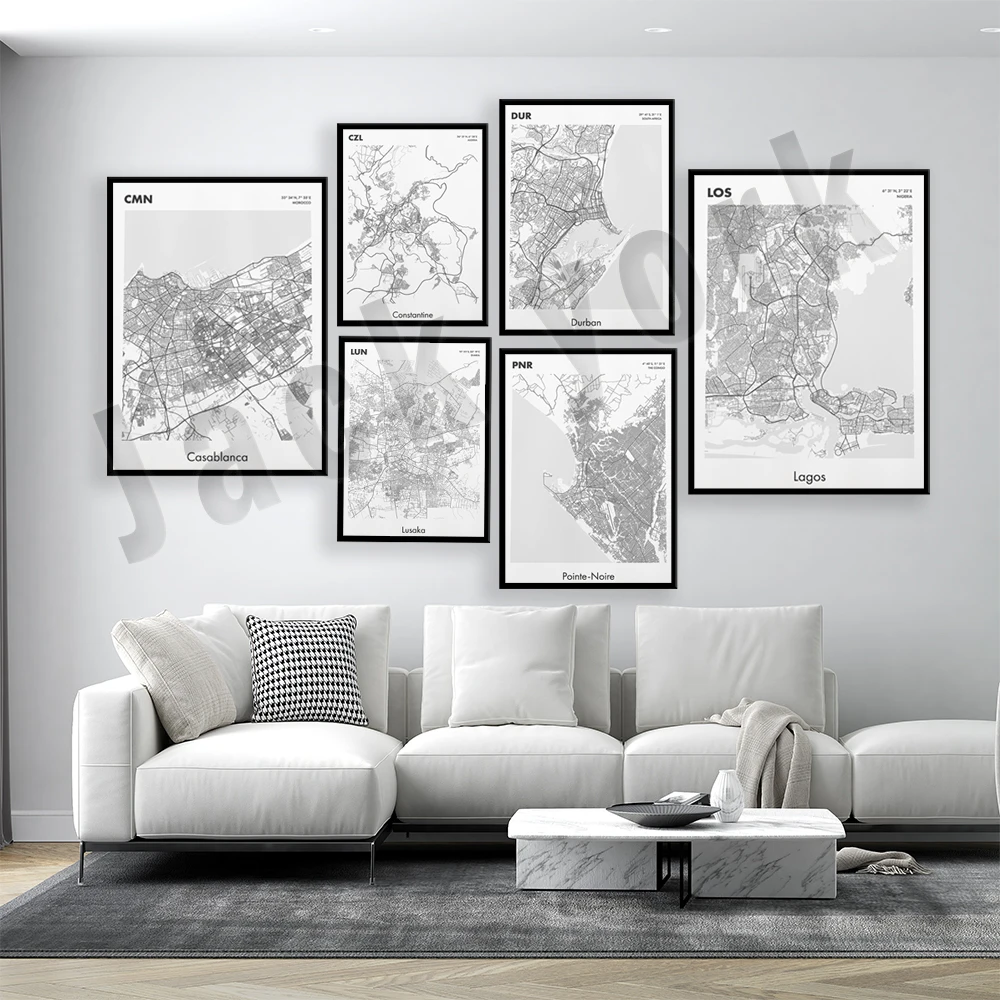 Casablanca Marocco, Lagos Zambia, Durban Sud Africa, Pointe Noire Congo, Costine Algeria, Lagos Nigeria City Map Poster