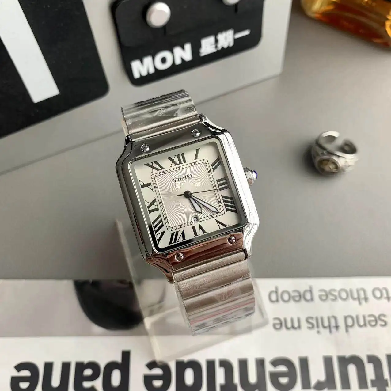 Luxury Watch for Men Square Rectangle Reloj Sliver Orologio Black Leather Strap Stainless Steel Quartz Wristwatch Male Man Clock