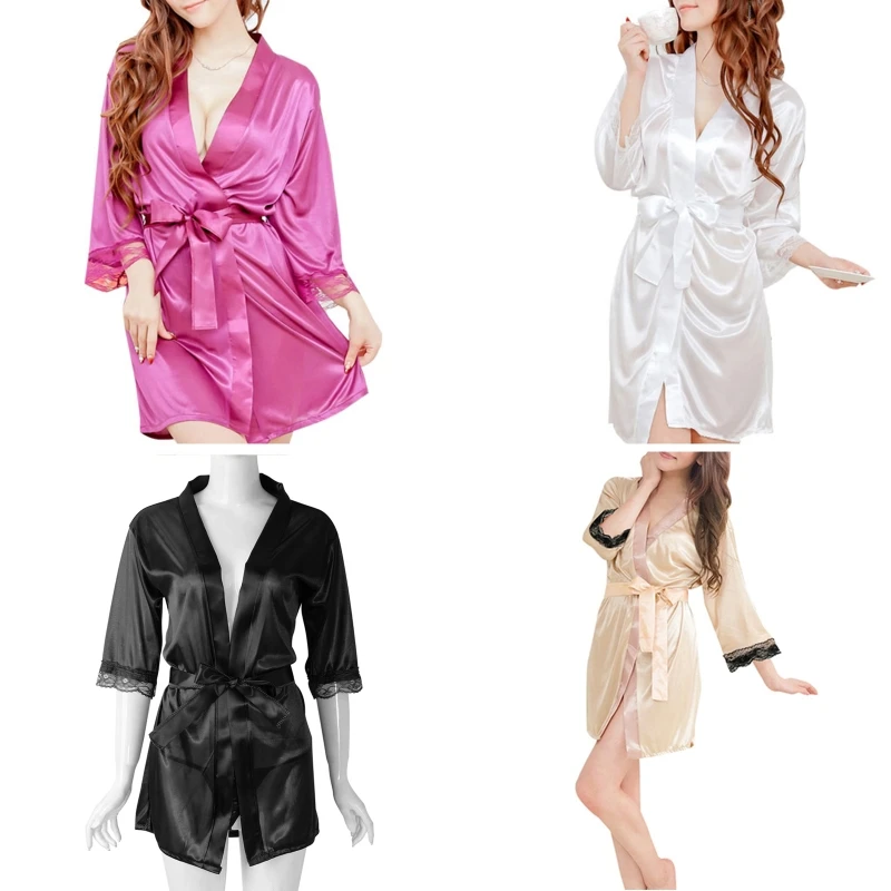 

Women's Short Kimono V-Neck Bathrobe Plain Dressing Gown Bridal Party Robe 37JB