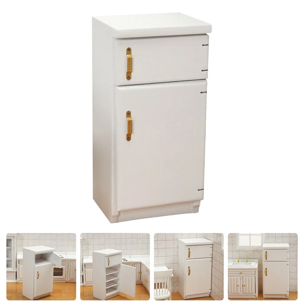 

White Double Door Refrigerator Mini House Fridge Wooden Miniature Furniture Adornment Decor
