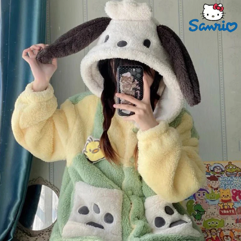 

Sanrio Pachacco Plush Pajamas Suit Cartoon Coral Velvet Winter Thickened Night Robe Kawaii Anime Couple Costume Christmas Gifts
