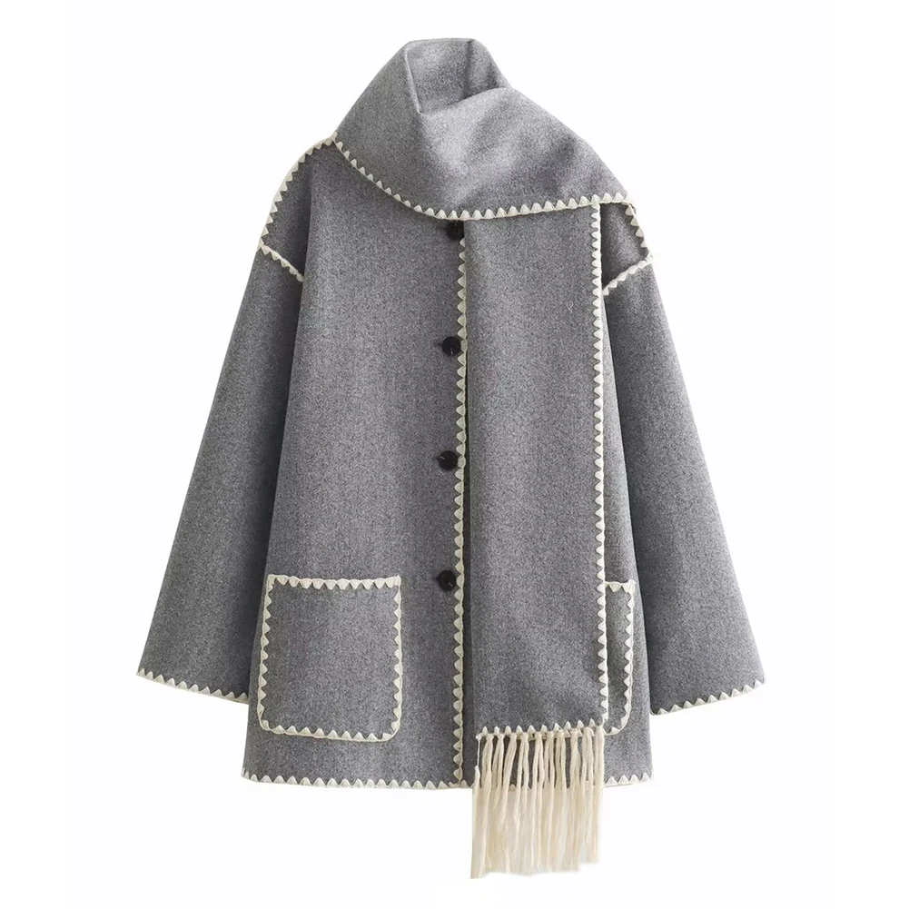 New Women's Long Sleeve Faux Cashmere Splice Coats With Scarf Thick Coat Overcoat Ladies Warm Jacket Tops Outwear