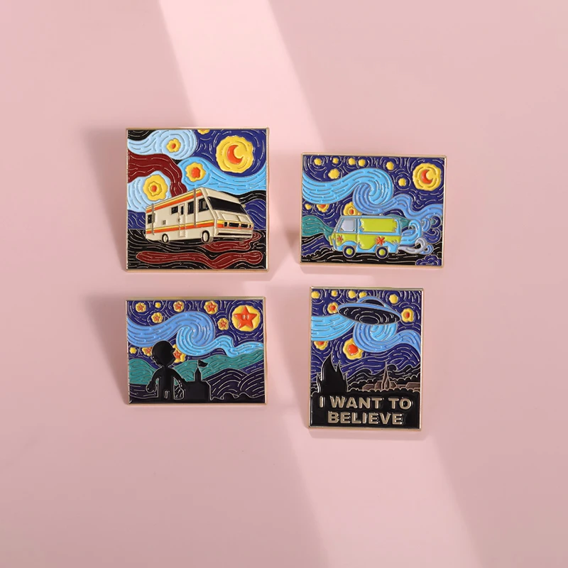 Genius Art Painter I Want Tobelieve Emaille Pins Nacht Sternenhimmel Bus Auto Kunst Ölgemälde Broschen Revers Abzeichen Geschenk für Freunde – Detail 8