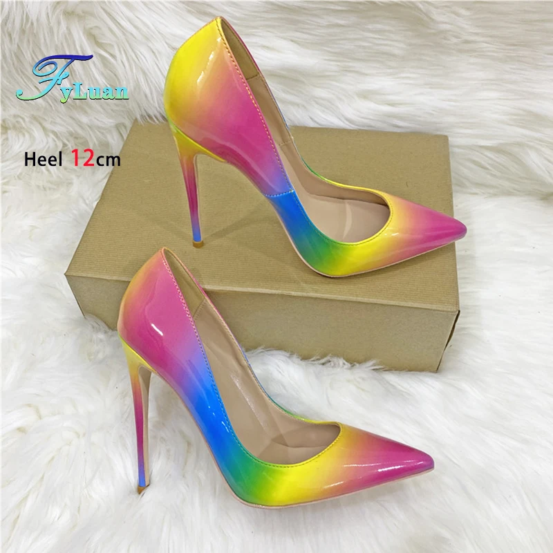 그라데이션 컬러 가죽 얇은 굽 펌프스 밝은 색상 여성 신발 8CM 10CM 12C..