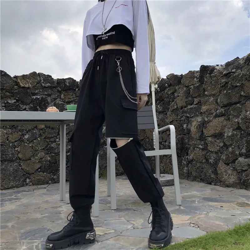 Black Cargo Pants Women Elastic High Waist Loose Streetwear Summer Pant  Baggy Tactical Trouser Hip Hop Joggers Pants Y2k Pants - Pants u0026 Capris -  AliExpress