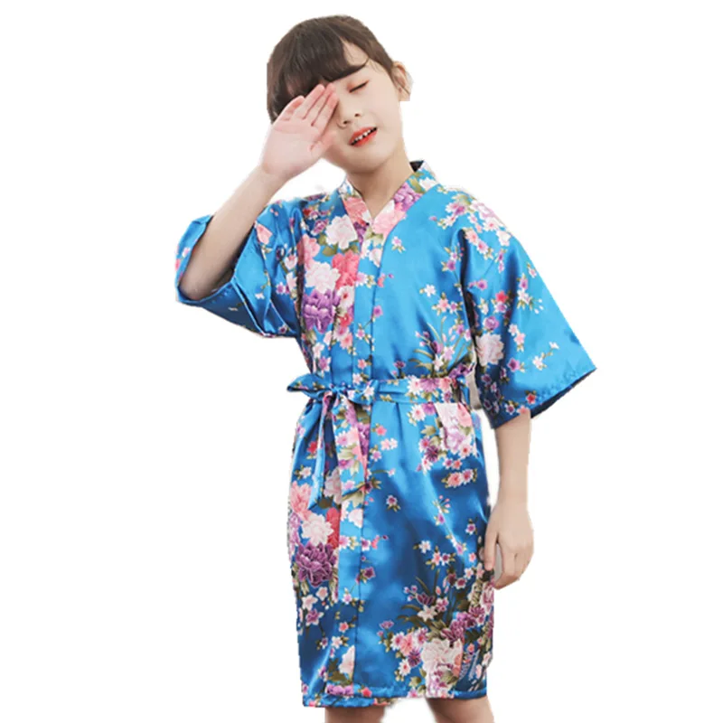 Girls Kimono Yukata Japanese Traditional Style Silk Floral Pajamas Bathrobe Kids Summer Asian Leisure Sleepwear Nightgown