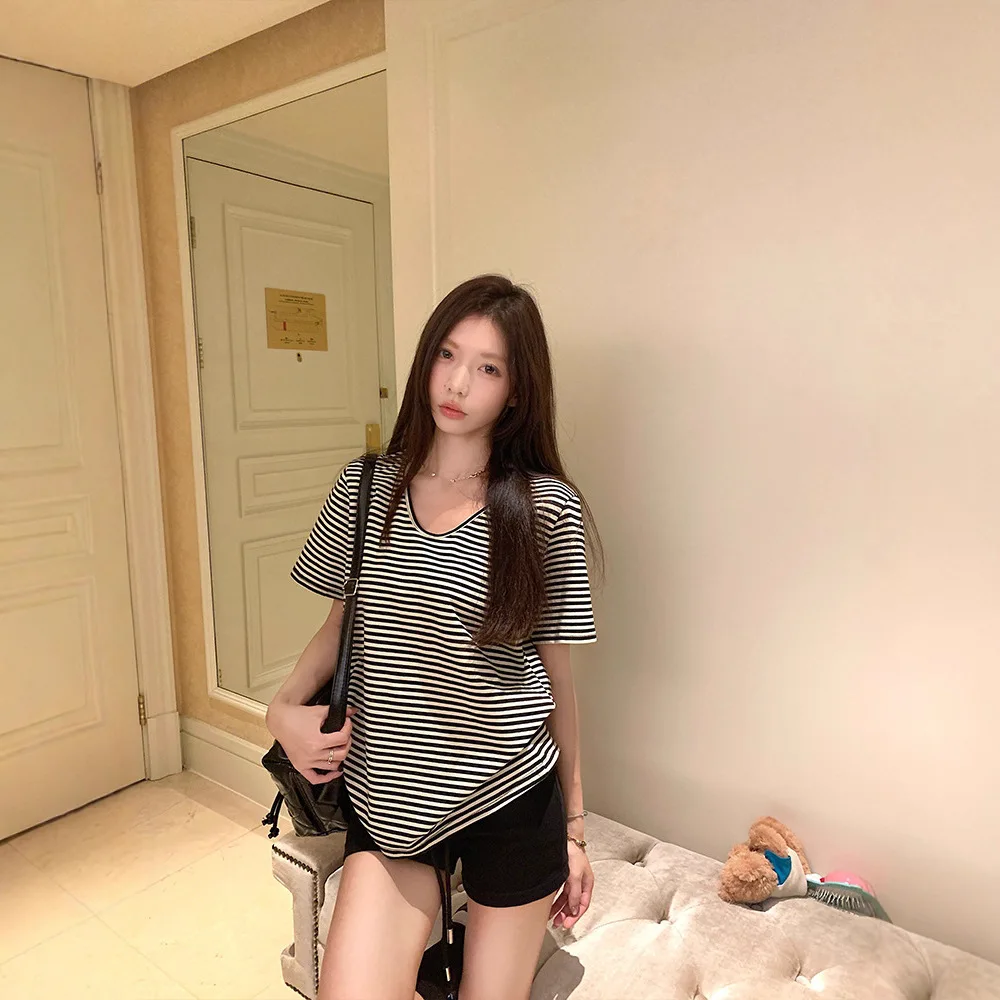 Women V Neck Striped T Shirt