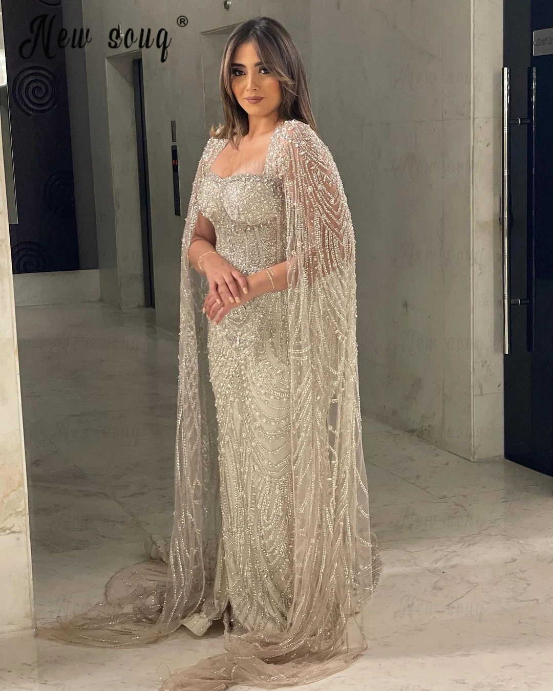 Luxury Dubai Silver Nude Cape Mermaid Arabic Beaded Evening Gown Women's Party 2025 LA72484