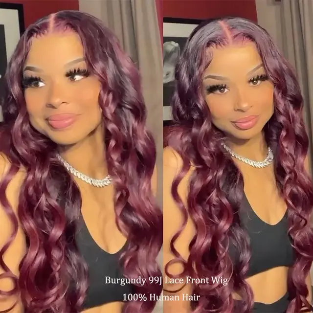 Perruques Lace Front Cheveux Humains Couleur Bourgogne Pré-Pluckées Body Wave 13x4 pour Femmes, Perruque Lace Front Remy 180