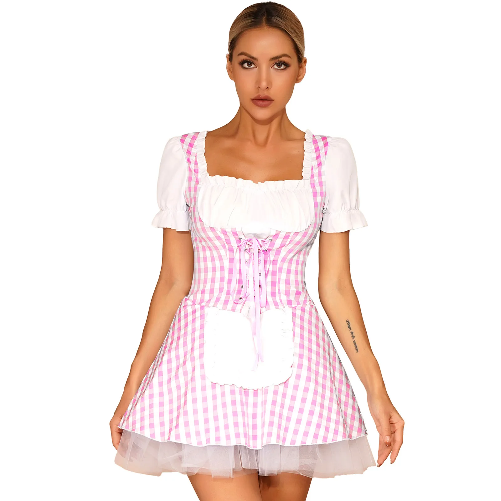 

Womens Halloween Maid Cosplay Costume Plaid Short Sleeve Tulle Dress Lace-Up Ruffle Apron Maid Roleplay Dress Party Masquerade