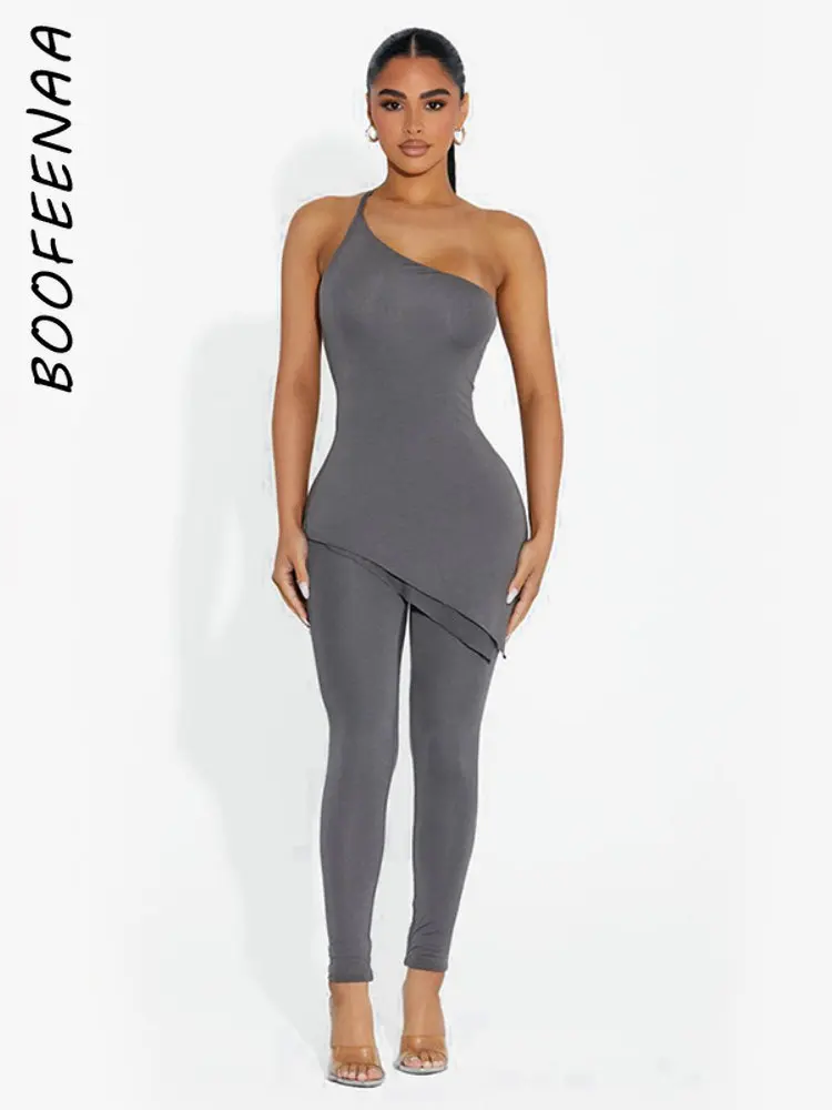 BOOFEENAA 2 Piece Sets Irregular Backless Tank Top and Pant Basics
