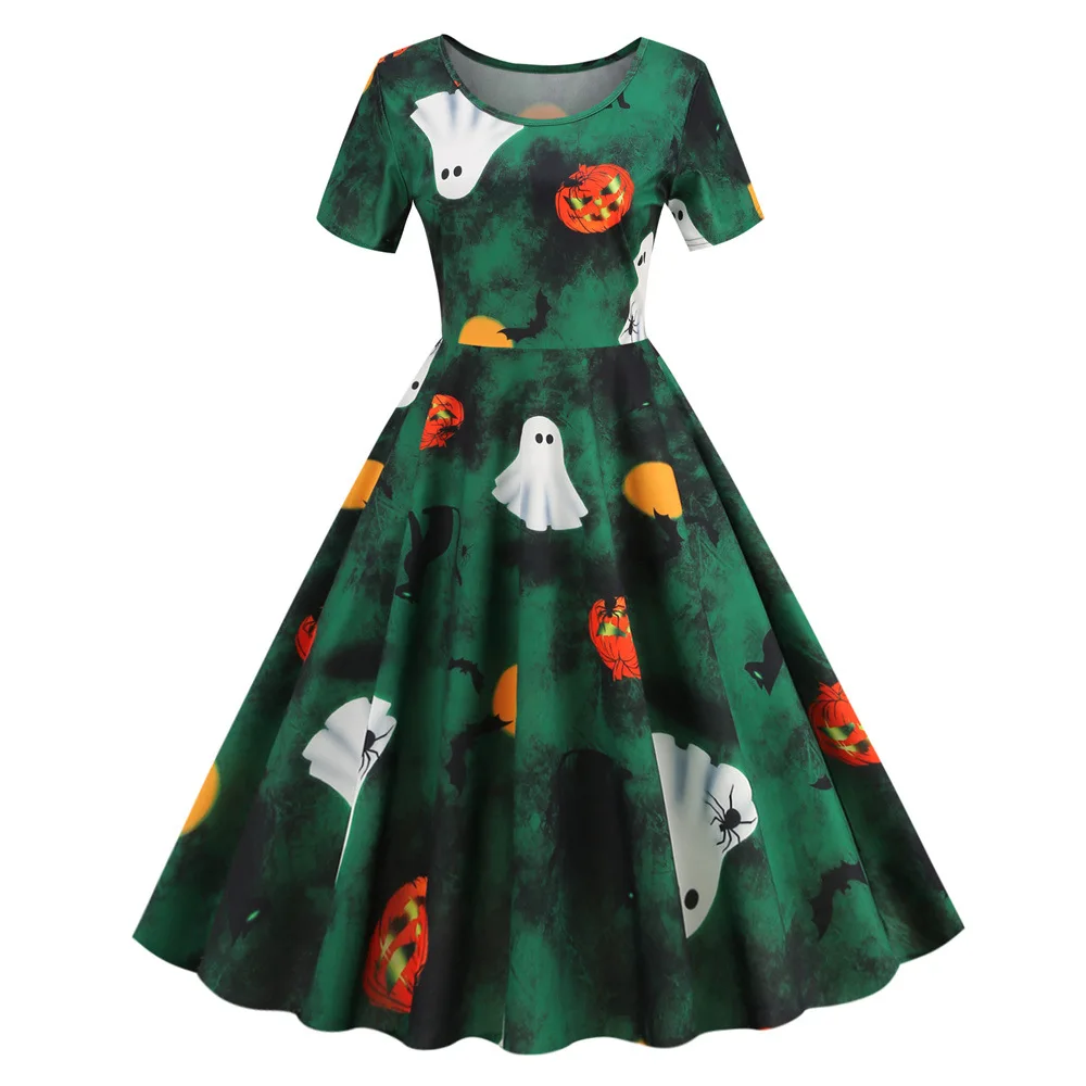 Halloween Dresses Skeleton Pumpkin Printed Cosplay Party Costume Women Vintage Polka Audrey Dress