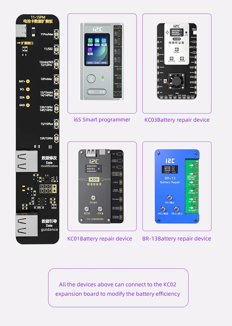 

Плата расширения I2C KC02 для ремонта данных о аккумуляторе для iPhone 11-15, замена аккумулятора ProMax, быстрое восстановление 100% КПД аккумулятора