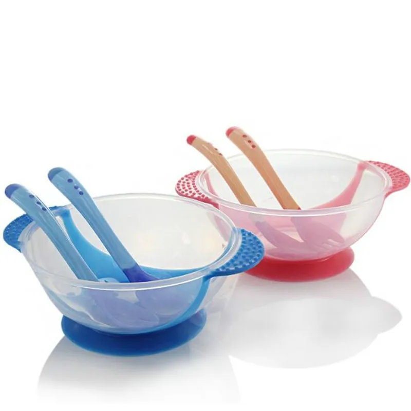 3 PCS Baby Learnning Dishes With Suction Cup Assist food Bowl Temperature Sensing Spoon Drop Baby Spoon Bowl Set Tableware