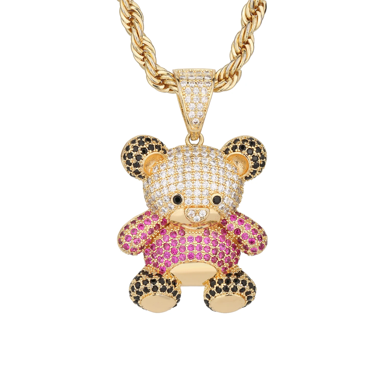 

2024-New Customized Eye-Catching 14K Gold Zirconia Cz Cubic Zirconia Bear Custom Pink Fine Jewelry Making Pendant For Kids