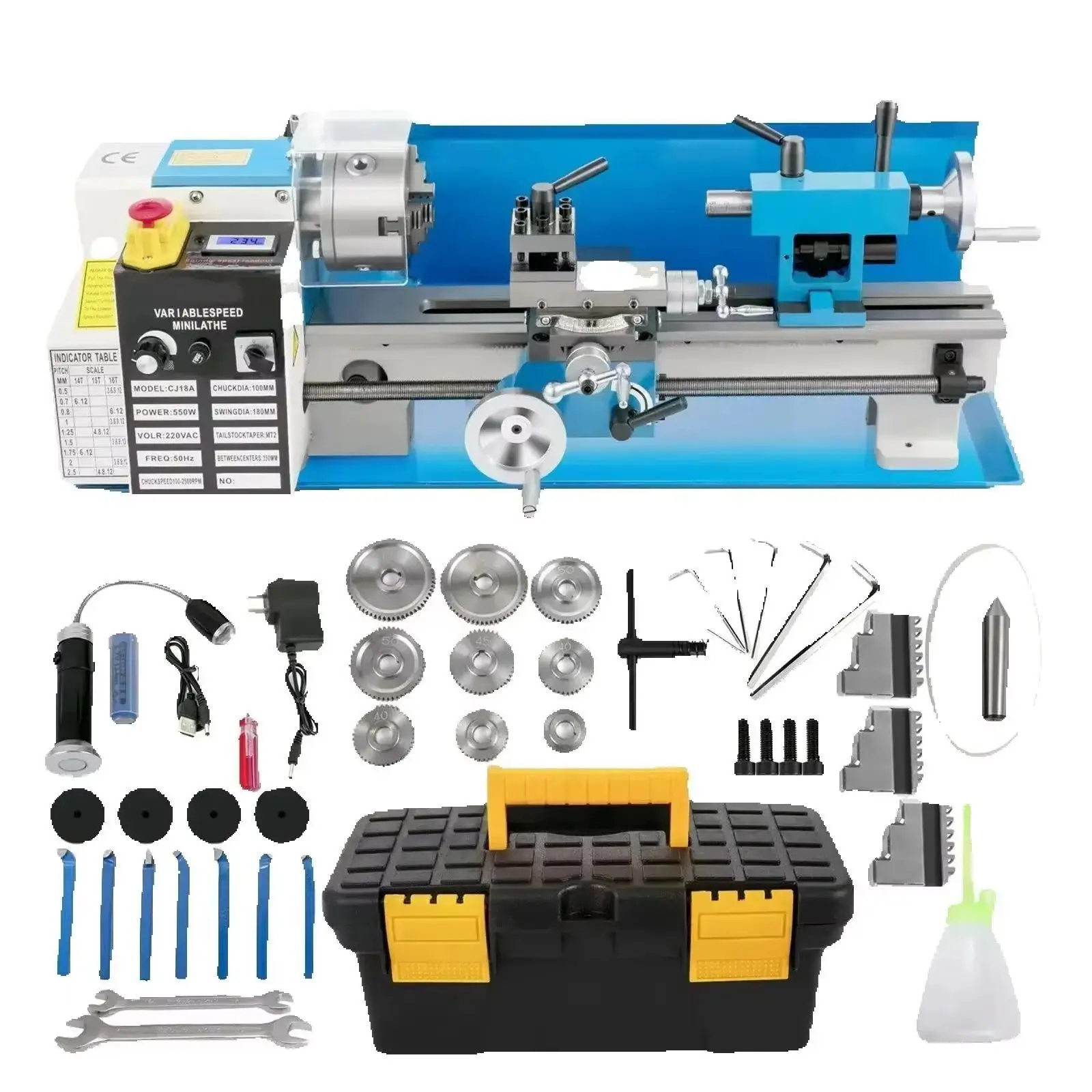 Mini-Metalldrehmaschine | Sihao Mini-Metalldrehmaschine 7"x14" 550W 180x350mm mit variabler Drehzahl und 3-Backen-Futter für Metallbearbeitung, Drehen, Bohren und Gewindeschneiden