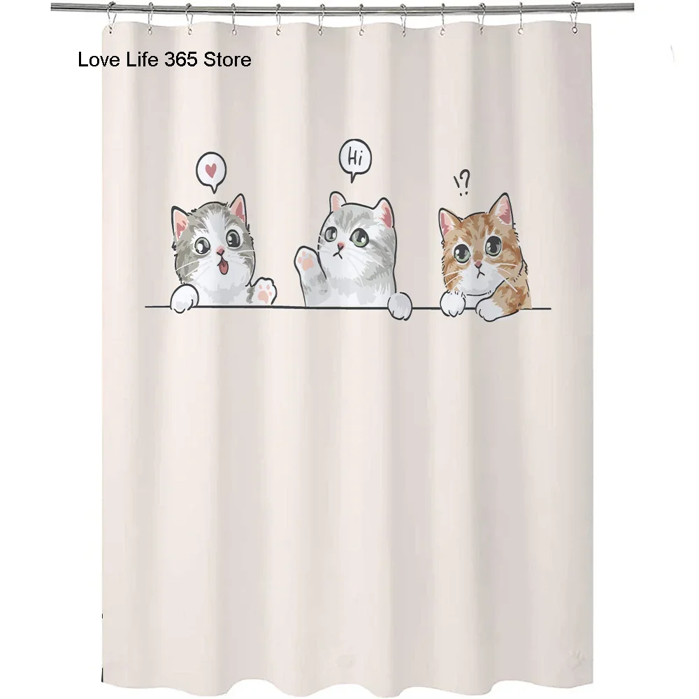 Puppy Cat Cute Cartoon Shower Curtains Washable Fabric Polyester For Bathtub Art Bathroom Decor Partition With Hooks Waterproof 5
