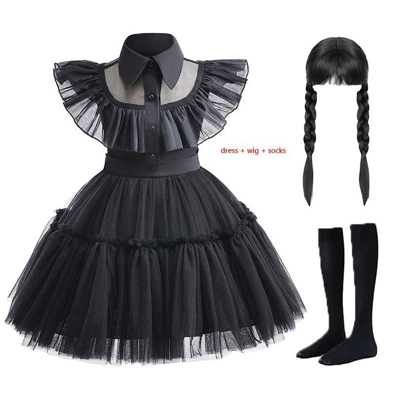 Cosplay Costume Kids Girls Dress LZH Children Wednesday Cosplay Costume For Girls Vestidos 1-6 Years Carnival Addams Halloween Birthday Party Black Dress