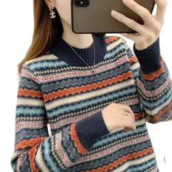 Half high collar women's sweater Autumn winter 2023 new loose pullover sweaters warm thicken stripe vintage ethnic style knitwea